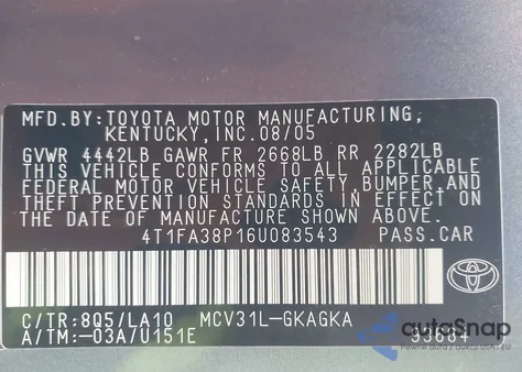 2006 Toyota Camry Solara Sle z USA, uszkodzony, nr VIN 4T1FA38P16U083543